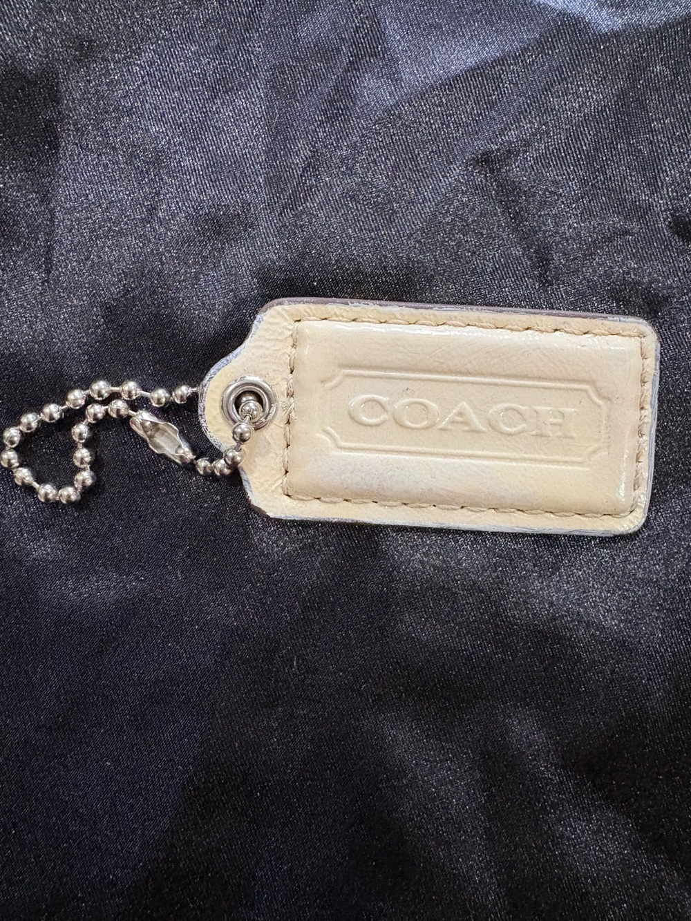 COACH Cream Leather Bag Tag Keychain with Silver Metal Bead Chain